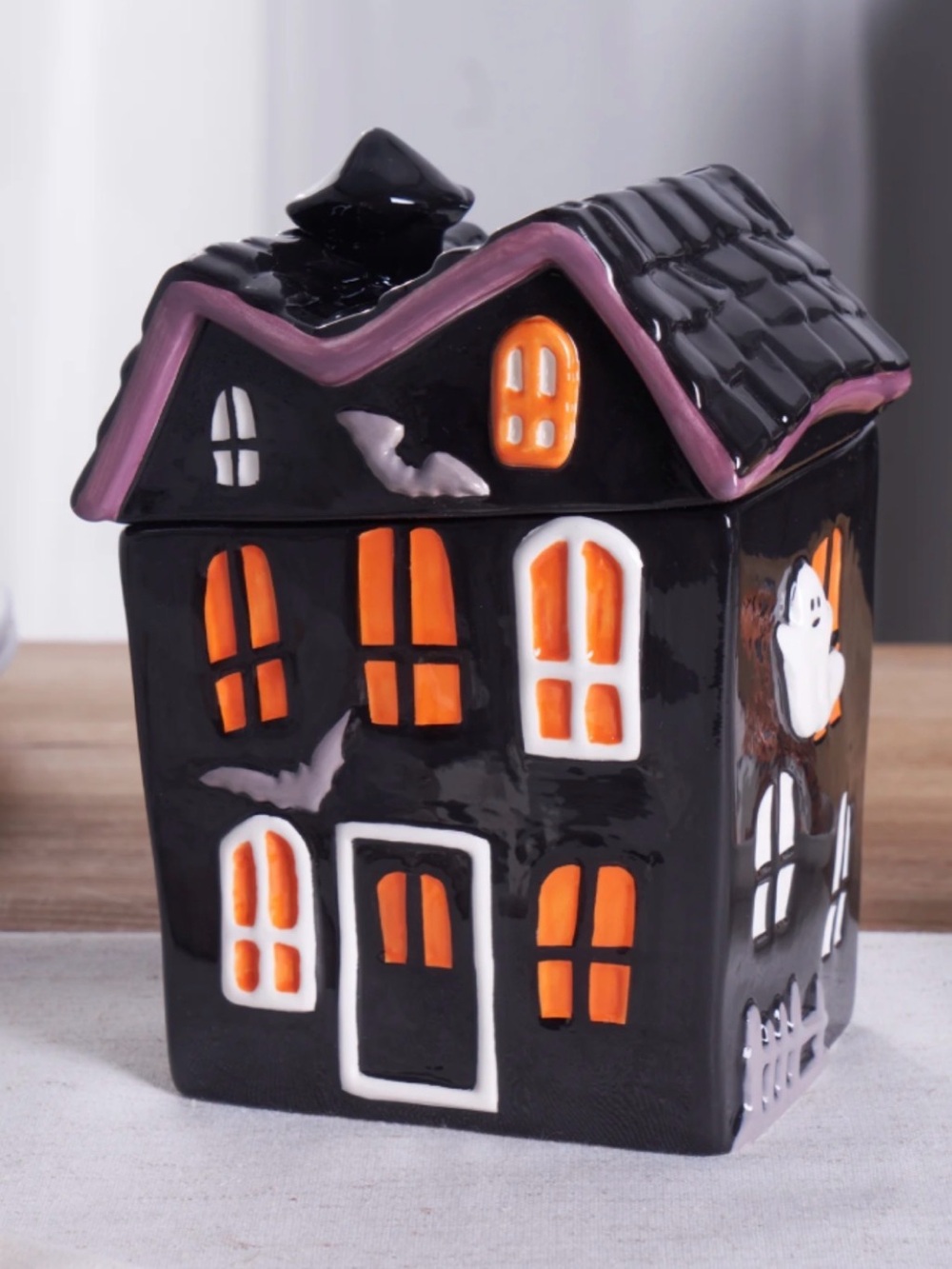Black and Orange Haunted Ceramic House Candy Jar by